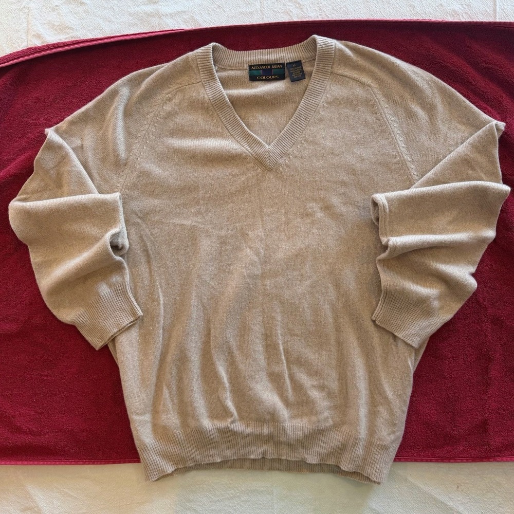 Alexander Julian Cashmere Sweater Mens XL Tan Beige V Neck 100% Classic